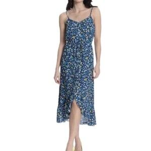 Donna Morgan Blue And Yellow Small Floral V Neck Midi Dress NWOT Sz 18W